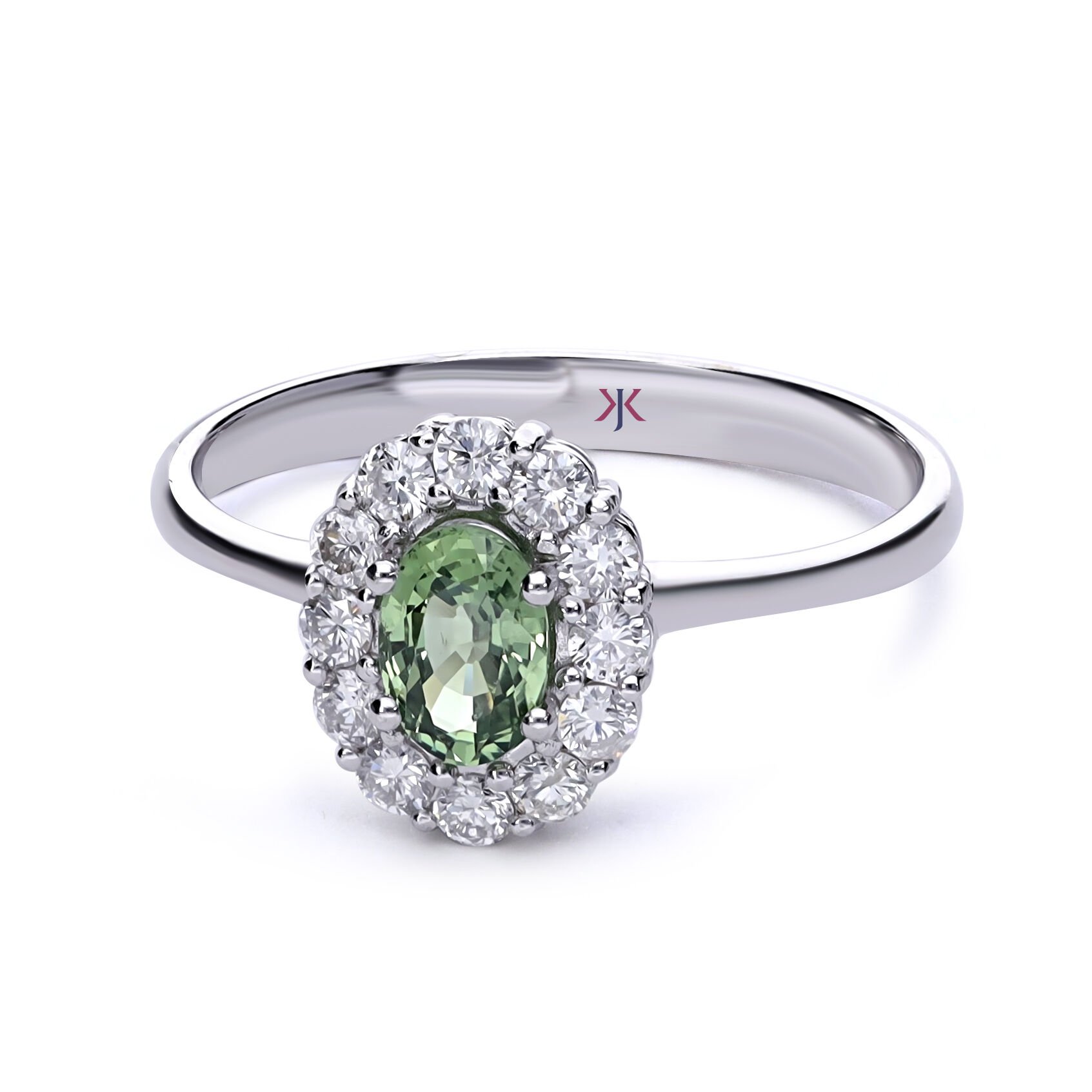 Oval Kesim Yeşil Safir Taşlı Pırlantalı Yüzük