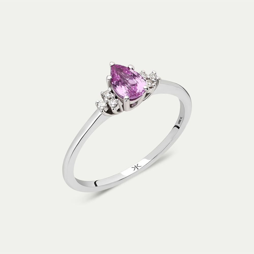 Damla Kesim Pembe Safir Taşlı Pırlantalı Beyaz Altın Yüzük