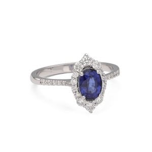 Oval Kesim Mavi Safir Taşlı Pırlantalı Vintage Tasarım Yüzük