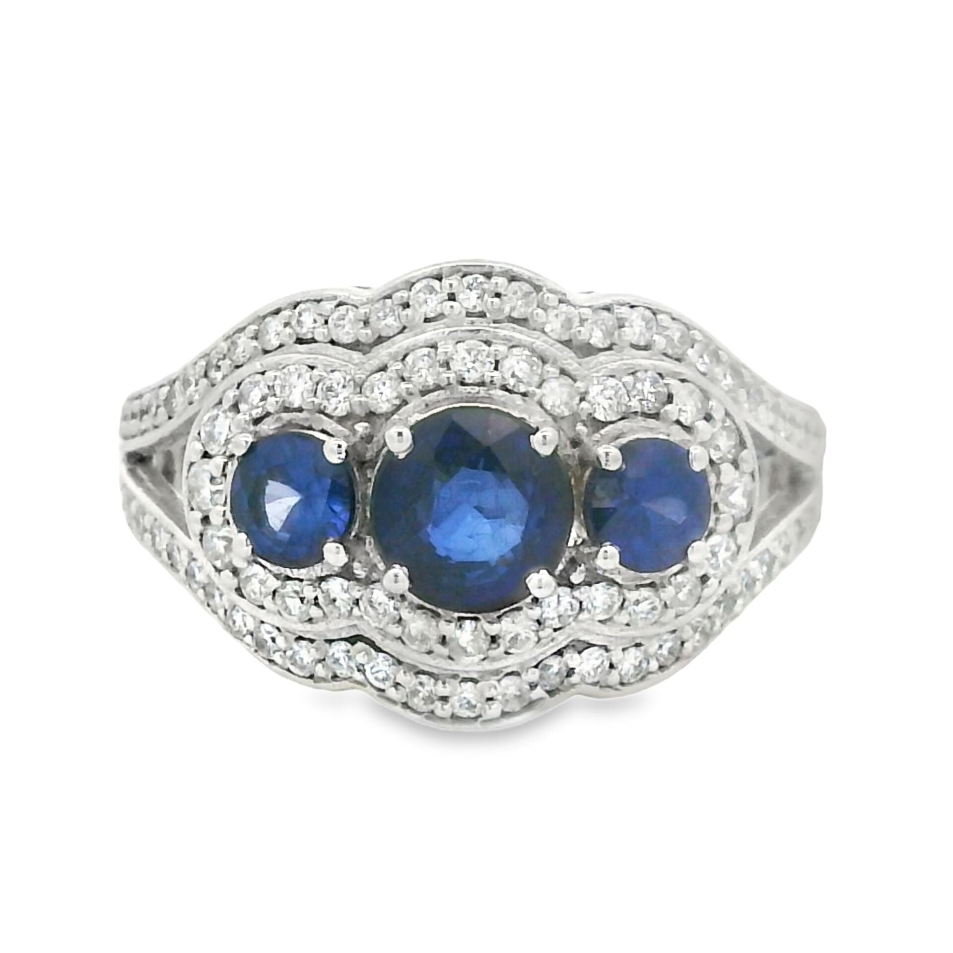 Derin Mavi Safir Taşlı Beyaz altın Pırlanta Çok Taşlı Yüzük