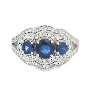 Derin Mavi Safir Taşlı Beyaz altın Pırlanta Çok Taşlı Yüzük