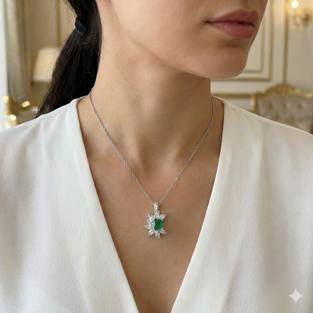 Pırlanta Zümrüt Taşlı  Kolye