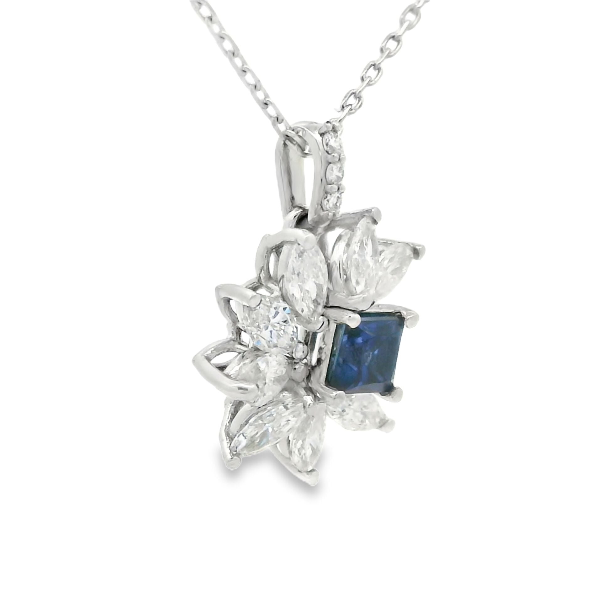 Prenses Kesim Safir Taşlı Markiz Pırlantalı Kolye